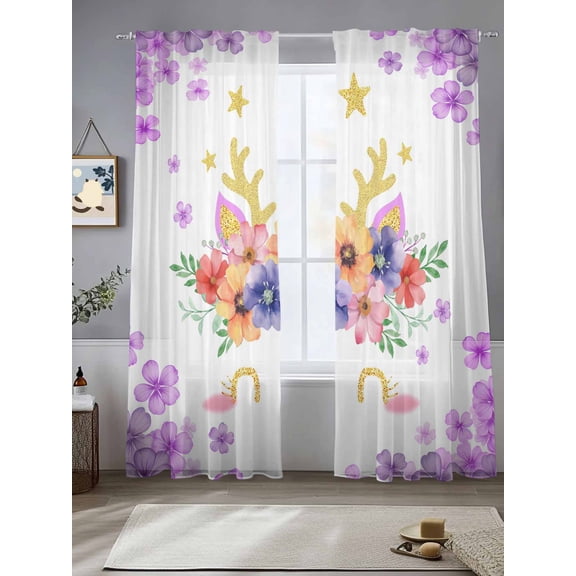 Orange Red Flowers Sheer Curtains 84 Inches Long 2 Panels Antlers Purple Flower Leaf Star Light Filtering Semi Sheer Window Curtains Drapes for Bedroom Living Room 52"x84"