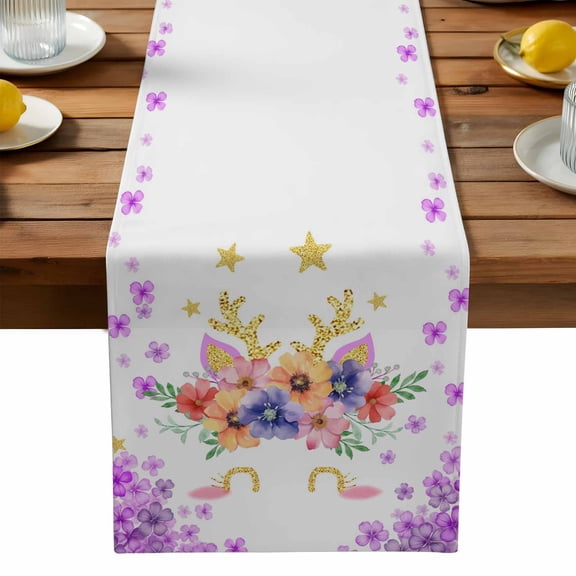 Orange Red Flowers Table Runner, Antlers Purple Flower Leaf Star Kitchen Table Runners Dress Scarves for Table Decorations Party/Restaurant/Indoor Outdoor Use, 13x108in