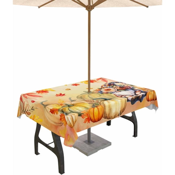 Orange Red Gnomes Thanksgiving Outdoor Tablecloth - 54x54 Inch Square Dining Table Cover, Fall Pumpkins Leaf Waterproof Outdoor Table Cloth with Umbrella Hole & Zipper for Picnic/Patio