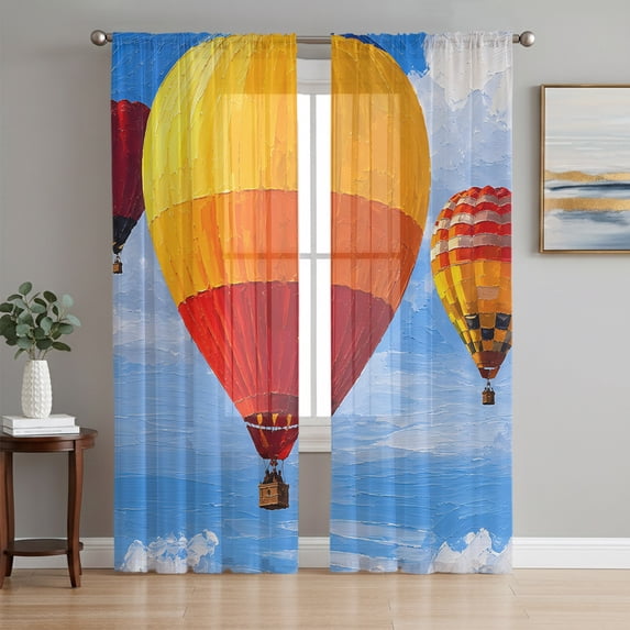 Orange Red Hot Air Balloon Sheer Curtains 96 Inch Length 2 Panels Set, Watercolor Sky Blue Voile Window Treatment Semi Sheer Long Curtains Drapes for Bedroom/Living Room/Kitchen 52"x96"x2