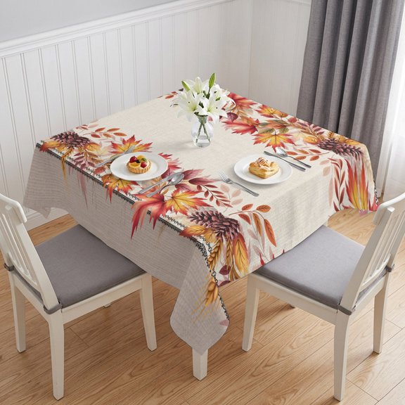 Orange Red Leaves Fall Table Cloth Waterproof Tablecloths, Autumn Botanical Thanksgiving Tablecloth Dining Table Cover for Kitchen Party Tabletop Outdoor, Square Tablecloth 54x54 Inch
