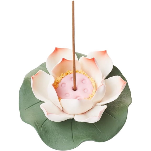 Orange Red Lotus Incense Holder Porcelain Incense Burners Home Office Teahouse Zen Supplies Ceramic Stick Holder with Lotus Leaf for Studio Decor Meditation 90mm for DIY