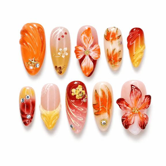 Orange Red Maple Leaf Press on Nails, Medium Almond Glossy Floral False Nails, 30 Count
