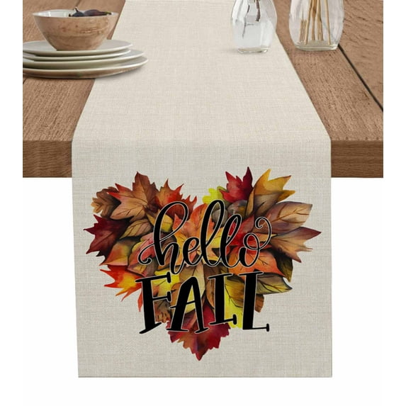 Orange Red Maple Leaf Table Runner Hello Fall Watercolor Rustic Tablerunners 13 x 90 Inch, Table Decorations Tabletop Scarf for Summer Gathering Holiday Farmhouse Kitchen Dining Decor