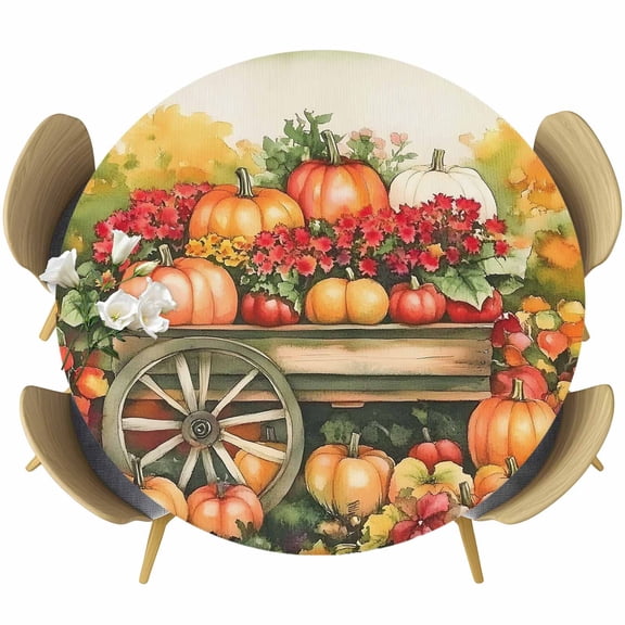 Orange Red Pumpkin Fall Round Tablecloth, Fitted Table Cover with Elastic for 45"-54" Round Tables, Thanksgiving Harvest Botanical Table Cloth Outdoor Indoor Dinning Party Waterproof Tablecloths