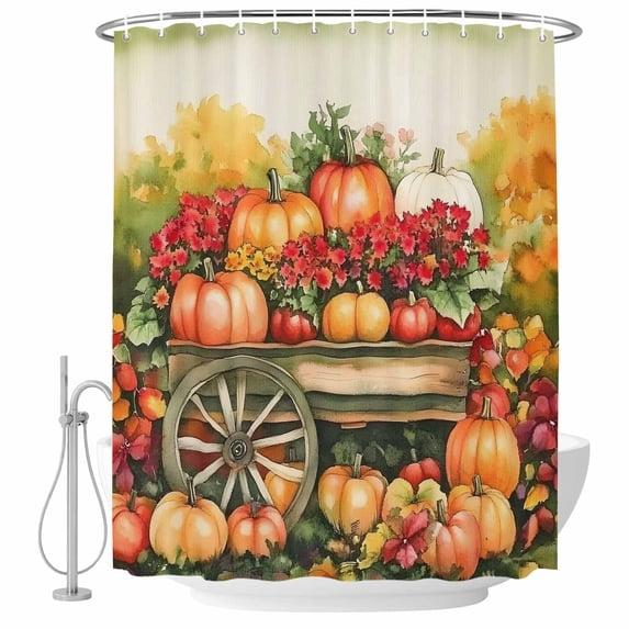 Orange Red Pumpkin Fall Shower Curtain, Waterproof Shower Curtains for Bathroom, Thanksgiving Harvest Botanical Washable Fabric Bathtub Curtain Set Bath Decor with 12 Hooks Extra Long 72"x96"