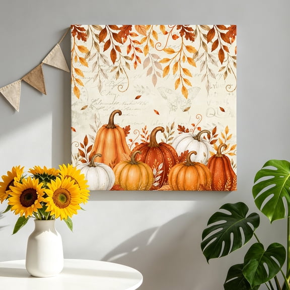 Orange Red Pumpkins Canvas Wall Art for Living Room, Fall Harvest Plants Eucalyptus Leaves Country Poster Print Painting for Bedroom Office Home Decoration Wall Pictures Prepare To Hang 10"x10"