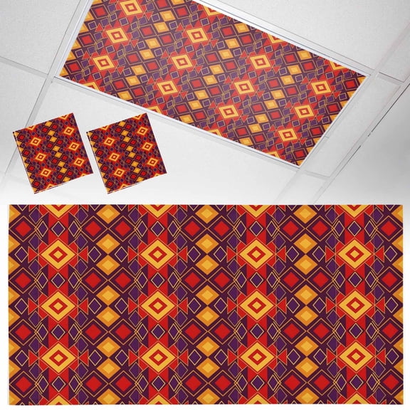Orange Red Rectangle Fluorescent Light Covers Tribal Retro Classic Geometric Abstract Magnetic Light Filters Ceiling Lighting Panel Shade for Classroom Office Home 2 x 4 ft, 2 Pack
