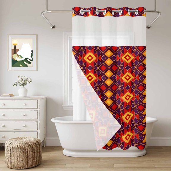 Orange Red Rectangle No Hook Shower Curtain with Snap in Liner, Tribal Retro Classic Geometric Abstract Waterproof Shower Curtains with See Through Top Window Liner for Bathroom, 36x78 Inches