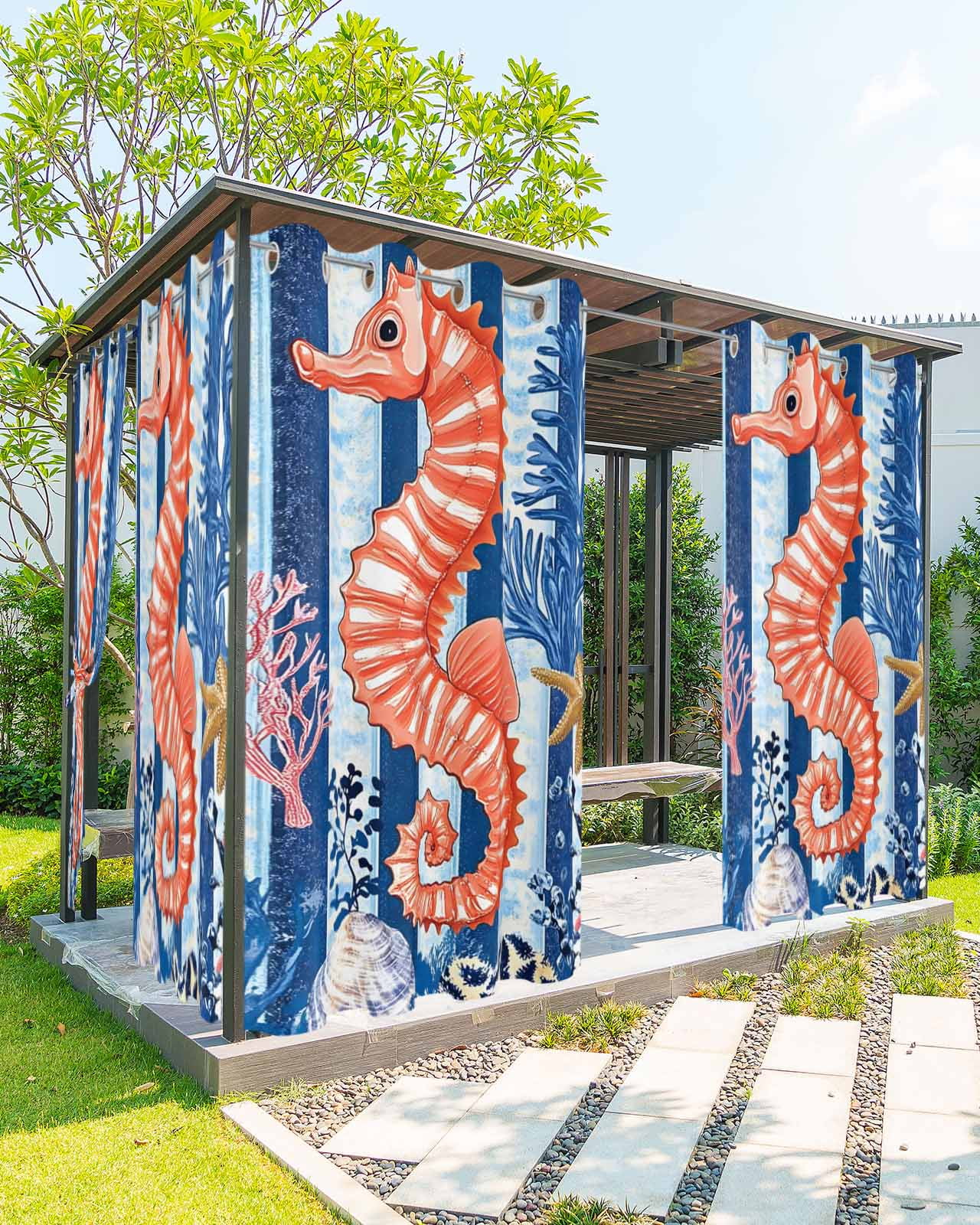 Orange Red Seahorse Outdoor Curtains for Patio, Coastal Ocean Coral Striped Privacy Drapes Grommet Waterproof Outside Curtains for Porch/Cabana/Balcony 54"x 108", 1 Panel