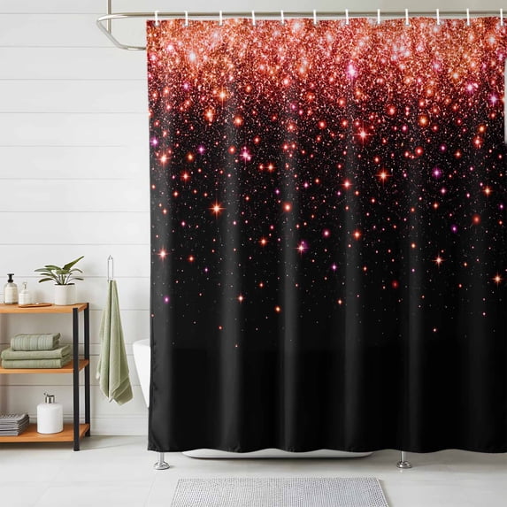 Orange Red Sparkles Shower Curtains for Bathroom, Black Gradient Glitter Modern Simple Waterproof Fabric Shower Curtain, Decorative Bathroom Curtain for Bathtub, 72"x72", No Hooks Included