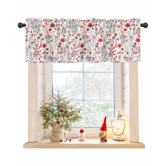 Orange Red Spring Floral Curtain Valance for Windows/Living Room/Kitchen/Bathroom/Café, Short Rod Pocket Tier Curtain Window Panel Vintage Botanical Colorful Elegant Topper Curtain 42''x18''