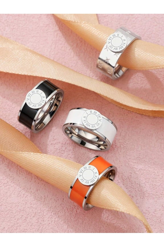 Orange Retro Roman Numeral Disc Ring Stainless Steel Enamel Jewelry For Men And Women