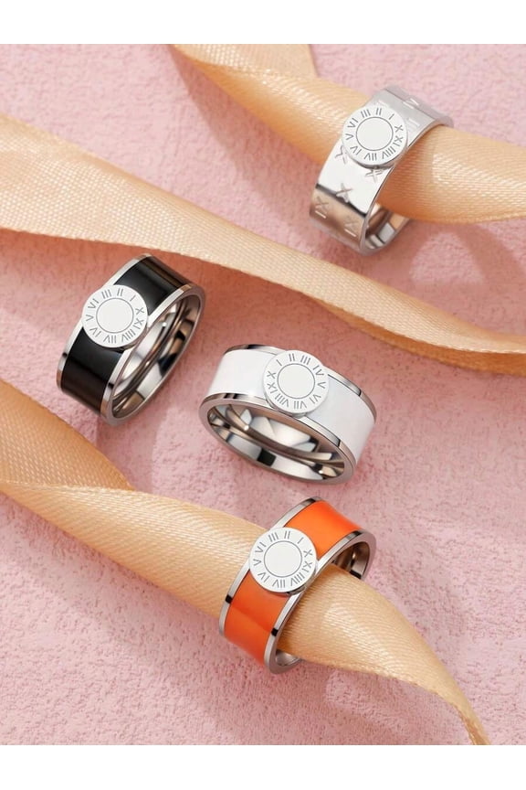 Orange Retro Roman Numeral Disc Ring Stainless Steel Enamel Jewelry For Men And Women