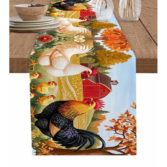 Orange Retro Rooster Burlap Cotton Table Runner 13x72 Inches Long, Pastoral Animals Spring Floral Farmhouse Table Runners, Outdoor Dining Tablecloths Decor for Baby Shower/Party/Wedding