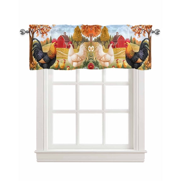 Orange Retro Rooster Kitchen Valances for Windows Farmhouse Linen Window Valance Curtain for Living Room Window Treatment Pastoral Animals Spring Floral Valance Rod Pocket Topper Drape, 60 x 18 Inch