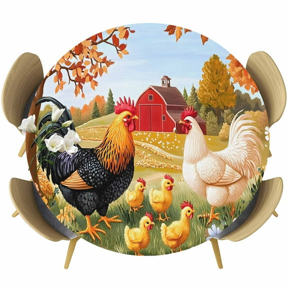 Orange Retro Rooster Round Tablecloth 55-60 Inch Round Fitted Table Cloth with Elastic Edge, Pastoral Animals Spring Floral Waterproof Table Cover Protector for Outdoor Picnic Party Dining