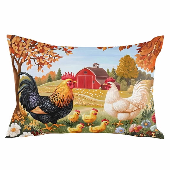 Orange Retro Rooster Throw Pillow Cover 12 x 20 Inch Decorative Pillow Cover Pastoral Animals Spring Floral Lumbar Pillowcase Seasonal Rectangle Cushion Case for Couch Sofa Bed Living Room