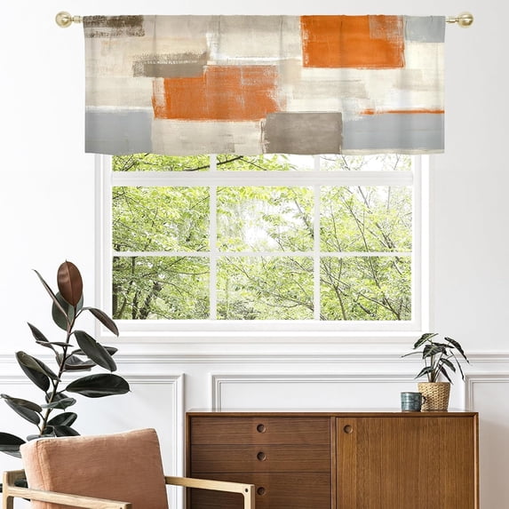 Orange Retro Valance Curtains for Living Room, Abstract Geometric Pattern Semi Sheer Kitchen Valances for Windows, Rod Pocket Short Window Treatment Decor, 52x18