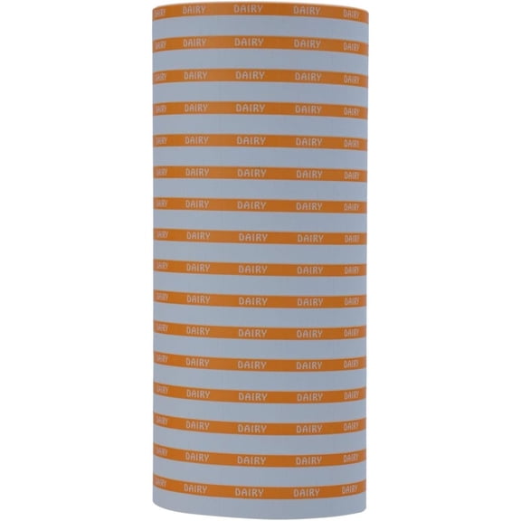 Orange Reverse on White DAIRY Labels to fit Bilot 1110 Pricing . 16 Rolls with 1 Free .