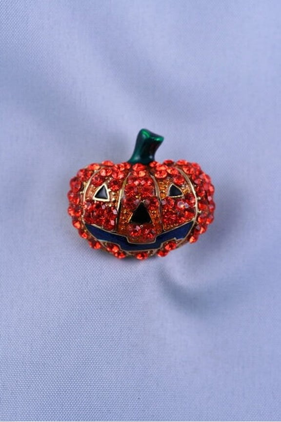 Orange Rhinestone Crystal Halloween Pumpkin With Black Enamel Smiley Face Pin Brooch