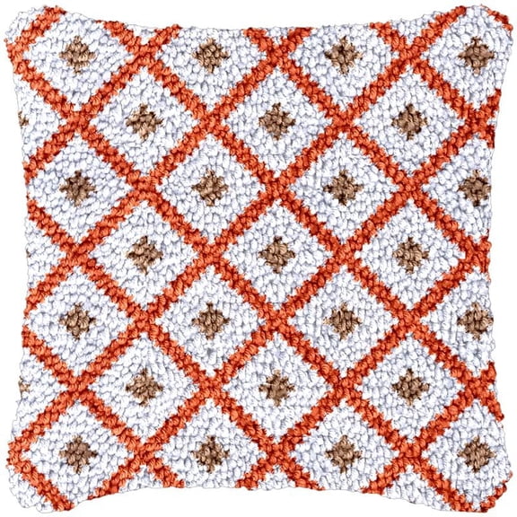 Orange Rhombus Patterns Latch Hook Kits Pillow DIY Rug Crochet Hook Cushion Making Kits Printed Pattern Canvas Crochet Needlework Hooking Pillow Cover Easy to Starter DIY Kits 43x43cm