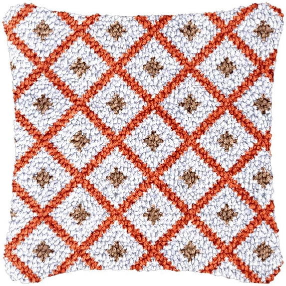 Orange Rhombus Patterns Latch Hook Kits Pillow DIY Rug Crochet Hook Cushion Making Kits Printed Pattern Canvas Crochet Needlework Hooking Pillow Cover Easy to Starter DIY Kits 43x43cm