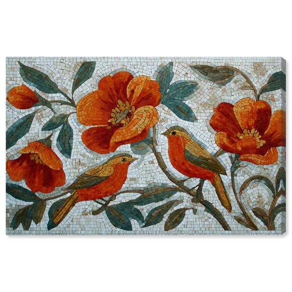 Orange Robins I Canvas Print Vintage Floral Art by Art Remedy, Gallery Wrapped, 24 x 16