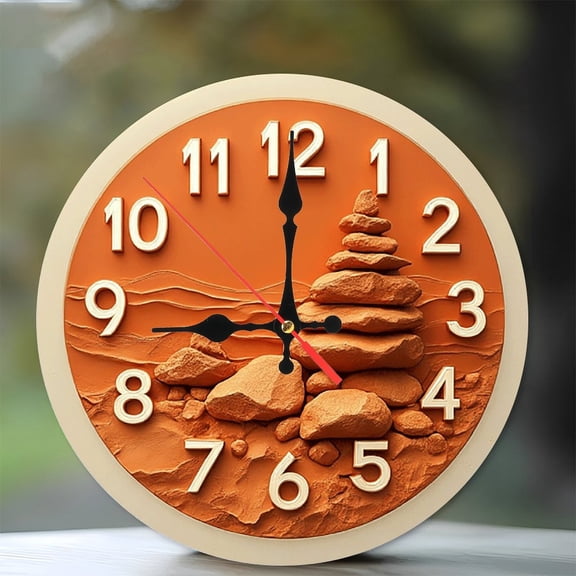 Orange Rock Stack Wall Clock Home Decor 10-Inch Silent Wooden Wall Clock, Battery Operated (AA Batteries Not Included), Artistic Home Decor