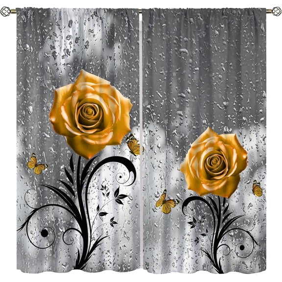 Orange Rose Blackout Curtains for Girls,Gray Raindrops Misty Glass Landscape Art Rose Flower Plant Flower Butterfly Window Drapes Print for Kids Women Bedroom Living Room Bathroom 42x54in