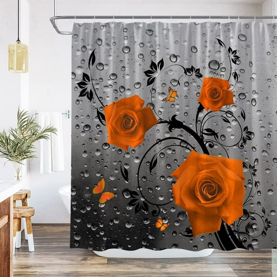Orange Rose Floral Flower Shower Curtain Rustic Plant Romantic Flowers Butterfly Gray Modern Realistic Water Drop Creative Abstract Decoration Fabric Bathroom Set Hook 36Wx70H Inch