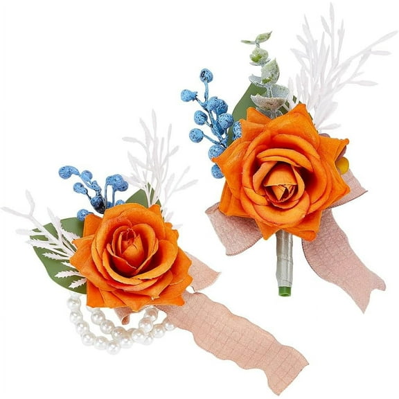 Orange Rose Flower Wrist Corsage Silk Cloth Imitation Rose with Satin Ribbon Wrist Corsage Boutonniere Set for Rustic Vintage Wedding Decor Party Decoration Groom Bride Prom