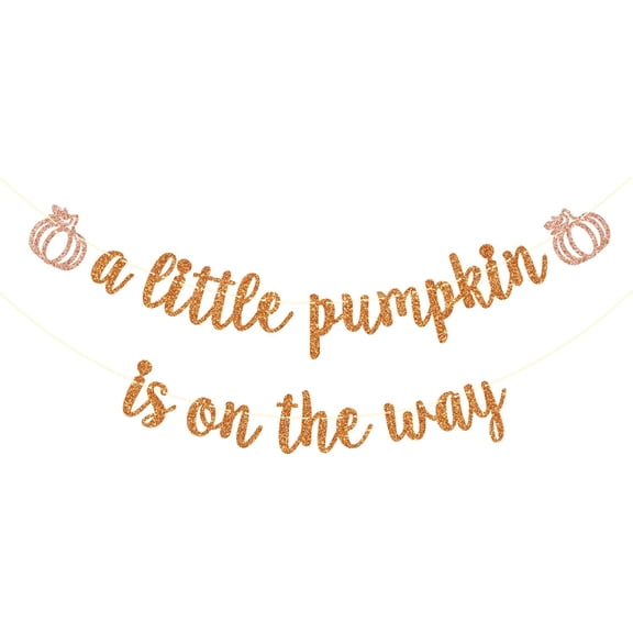 Orange Rose Gold Glitter A Little Pumpkin Is On The Way Cursive Banner, Autumn Baby Shower Photo Booth Decorations