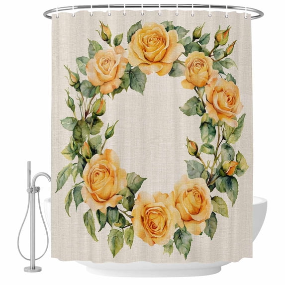 Orange Rose Wreath Fabric Shower Curtain Retro Flower Washable Shower Curtains for Bathroom, Waterproof Bath Curtain with Hooks Home Decor 72x84in