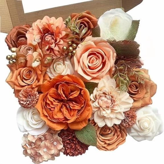 Orange Roses Artificial Flowers Fall Fake Flower Bulk for DIY Wedding Bouquet Bridal Baby Shower Centerpiece Table Decorations Faux Floral Arrangements for Party Home Decor Cake Decorating