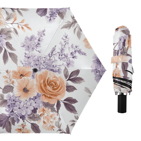 Orange Roses Lilac Leaves Pastel Colored All Weather Umbrella Triple Folding Parasol 6 Ribs UV Protection Portable