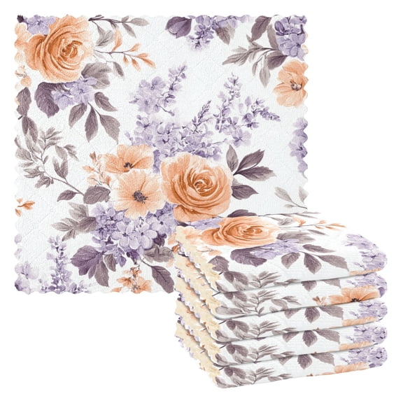 Orange Roses Lilac Leaves Pastel Colored Dish Cloths Dish Towels Cleaning Cloths Quick Drying Reusable 11" x 11" Set of 6