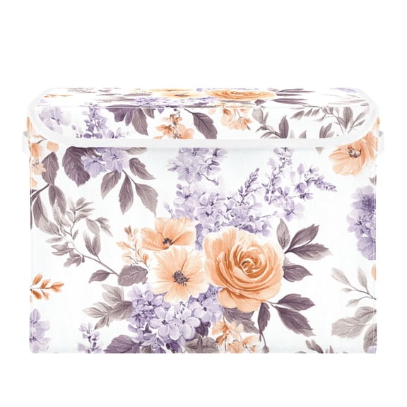 Orange Roses Lilac Leaves Pastel Colored Foldable Storage Bin with Lid and Handle Collapsible Storage Box 16.5 x 12.6 x 11.8 inches