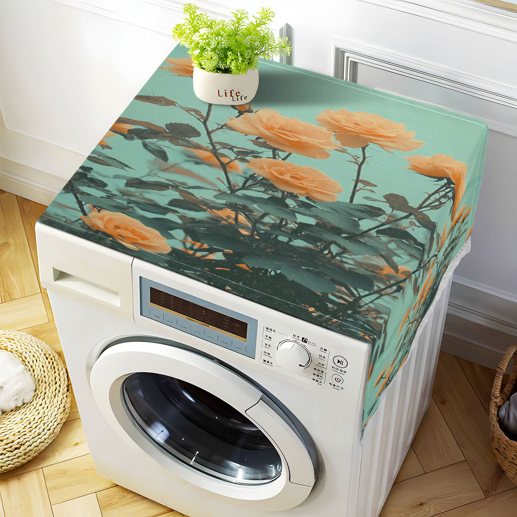 Orange RosesWasher and Dryer Covers Dust-Proof and Oil Resistant Fridge Cover with 4 Storage Pockets Washing Machine Top Cover for Laundry Kitchen Home 51.2 x 22 In