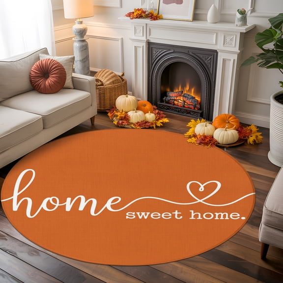 Orange Round Area Rug 6 FT, Non Slip Bedroom Area Rug, Farmhouse Sweet Home White Stripes Solid Washable Soft Circular Carpet Non-Shedding Floor Mat for Kitchen Dining Room Home Office Kids Room