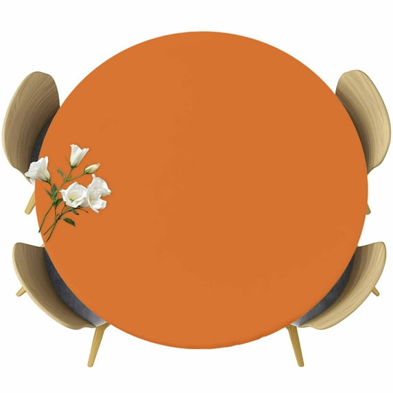 Orange Round Fitted Table Cover Solid Color Waterproof Table Cloth with Elastic Edge Wipeable Tablecloth for Picnic Camping Party Fits 45"-54" Diameter