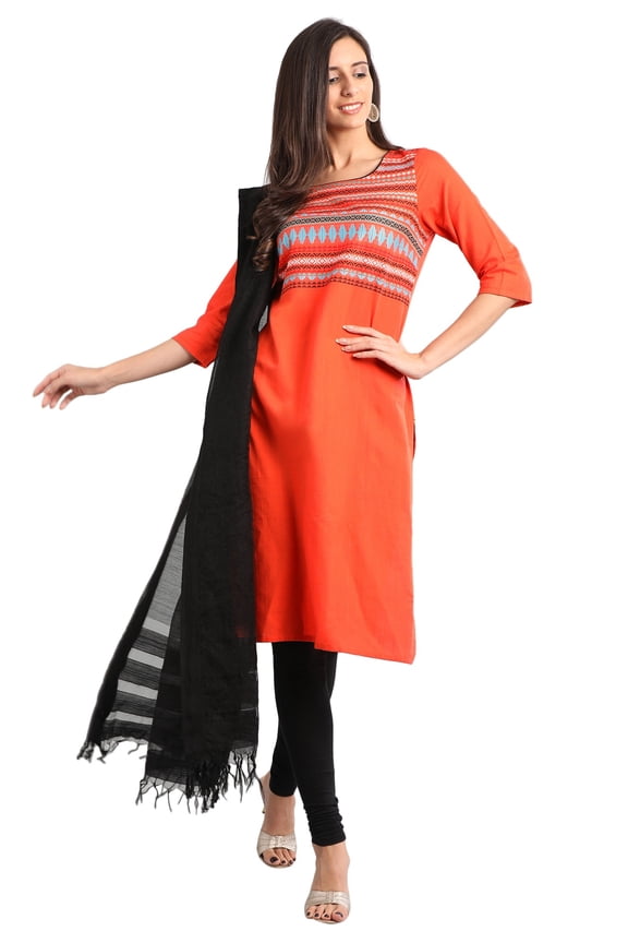 Orange Round Neck Yarn-dyed Kurta-X Large