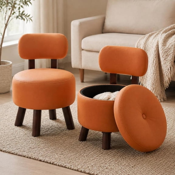 Orange Round Ottoman Stools, Set of 2, with Backrest, Faux Leather, Rubber Wood Legs, 330 Lb Capacity