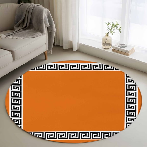 Orange Round Rugs for Living Room 3ft Greek Chinese Style Border Geometric Non Slip Circle Rug Washable Low-Profile Indoor Carpet for Bedroom, Dining Room, Bathroom