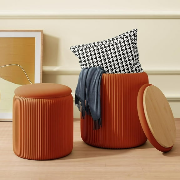 Orange Round Storage Ottoman Set of 2, Large Velvet Ottoman with Storage, Multifunctional Vanity Stool, Small Pouf Ottomans Foot Stool, Storage Stools for Living Room, Bedroom