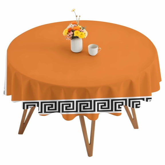 Orange Round Tablecloth 54 inches Greek Chinese Style Border Geometric Waterproof Oil-Proof Table Cloth Round Table Cover for Holiday Party Picnic Dinner Decor Indoor and Outdoor Use