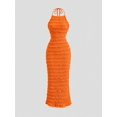 thumbnail image 1 of Orange Ruched Halter Maxi Dress With Adjustable Neck Tie, 1 of 5