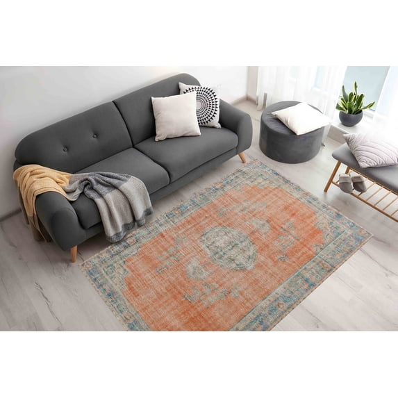 Orange Rug, Floral Rug, Medallion Rugs, Vintage Style Rug, Turkish Rug, Office Rug, Thick Rug, Easy To Clean Rug, Printed Rug, Faded Rug, 5.9'x9.2' - 180x280 cm
