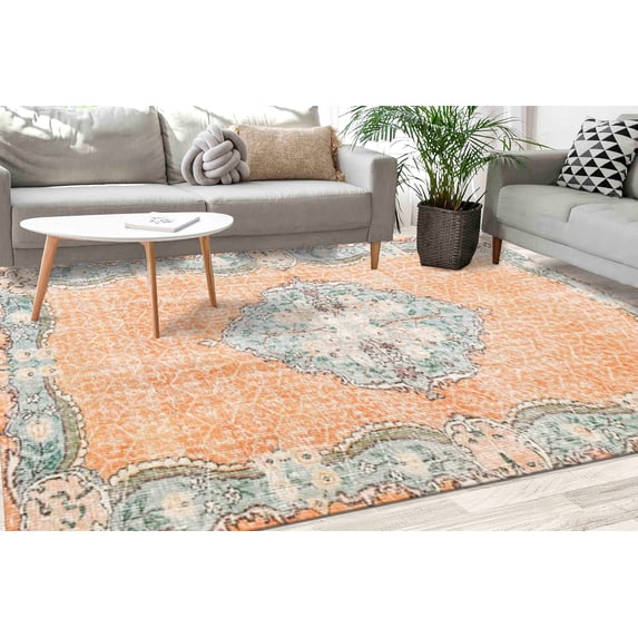 Orange Rug, Floral Pattern Rug, Medallion Rug, Antique Style Rug, Turkish Rug, Runner Rug, Stair Rug, Machine Washable Rug, Home Decor, 2.6'x5' - 80x150 cm