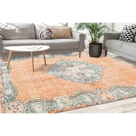 Orange Rug, Floral Pattern Rug, Medallion Rug, Antique Style Rug, Turkish Rug, Runner Rug, Stair Rug, Machine Washable Rug, Home Decor, 2'x3' - 60x90 cm